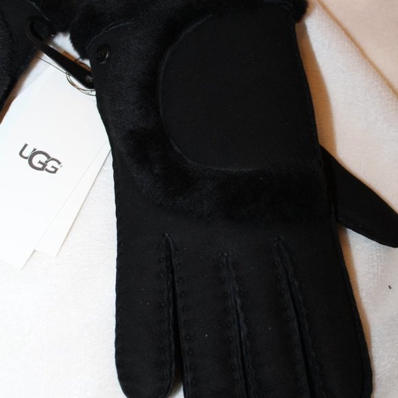 NWT UGG WOMEN'S SPILL SEAM TECH ENABLED SUEDE SHEARLING GLOVES BLACK - Picture 4 of 6